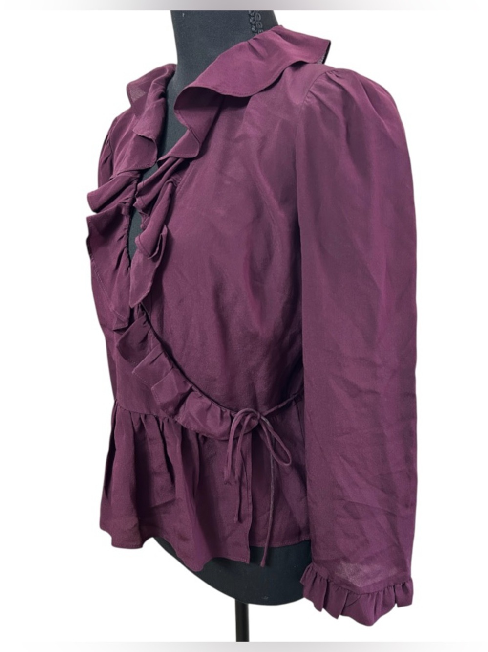 Madewell 100% Silk Women’s Small Dark Plum Ruffle Wrap Peplum Long Sleeve Top - Picture 4 of 12